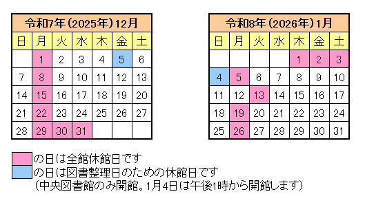 令和7年12月、令和8年1月の休館日カレンダー