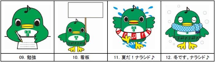 （左から）勉強をしているナラシド♪、何も書かれていない看板を持っているナラシド♪、水しぶきを背景に浮き輪を付けたナラシド♪、雪の降る中マフラーを付けて目を閉じているナラシド♪のイラスト