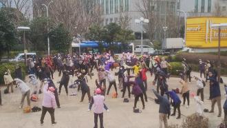 公園の広場に集まってラジオ体操をしている参加者の写真