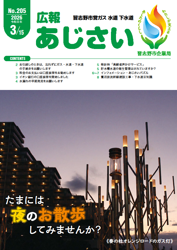 広報あじさい205号表紙。たまには夜のお散歩してみませんか?左側にマンション、右側にガス灯が写った奏の杜オレンジロードの写真。