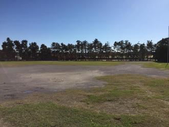 奥に木々が立ち並び広い広場のある晴天時に撮影された袖ケ浦運動公園の写真