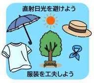 直射日光を避け、服装を工夫しようとお知らせするイラスト