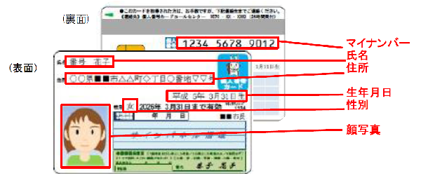マイナンバーカードのどこにどんな情報がのっているかを説明するイラスト