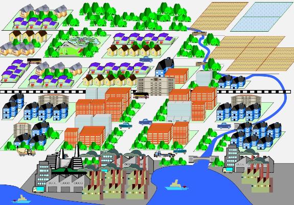 住宅、ビル、工場などがきれいに区分けされたまちのイメージ図