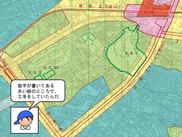 工事をしていた場所が赤色の線で引かれている都市計画図