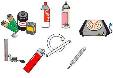 乾電池、小型家電のバッテリー、カセット式ガスボンベ・スプレー缶、ライター、蛍光灯、水銀体温計・水銀血圧計などの有害ごみのイラスト