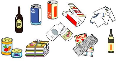 ビール瓶、空き缶（アルミ缶、スチール缶）・飲食用缶、牛乳パック、古着、古紙、一升瓶などの資源物のイラスト