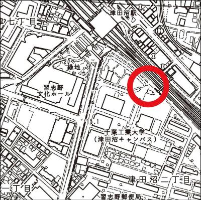 千葉工業大学通用門の場所を赤マルで示した地図