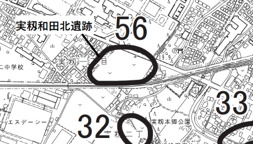 実籾和田北遺跡の部分を黒い太線で囲んでいる地図