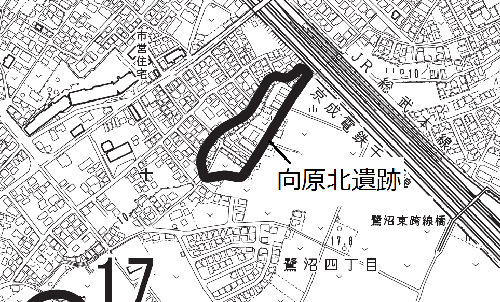 向原北遺跡の部分を黒い太線で囲んでいる地図