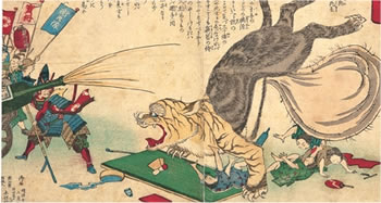 役人が虎の怪物に立ち向かっている様子を表した絵画