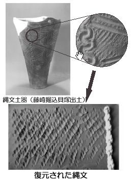 （上）上部分が欠けており、底が丸みをおびた土器と土器の模様を示した写真、（下）縄を土器の表面に転がしながら押しつけ復元された縄文の写真