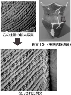 （右上）一部が欠けており、底が尖った縄文土器、（左上）右上の土器の模様の拡大写真、（下）右から左方向斜め下に2種類の模様が復元された縄文の写真