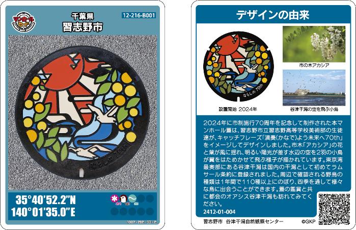 市制施行70周年を記念して制作された習志野市デザインマンホールカードの表面と裏面の写真。表面はマンホールカードで使用されているマンホールの写真と位置情報が記載されています。裏面はマンホールカードで使用されているマンホールのデザインの由来が記載されています。
