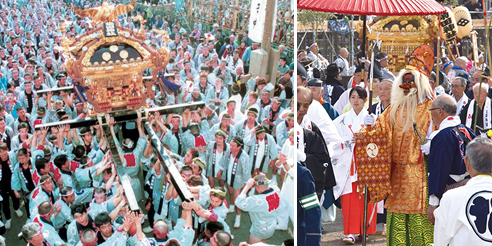 左：お揃いの法被を着ておみこしを担いている沢山の祭りの参加者の写真、右：天狗のお面を被り着物を着て傘をさして歩く人物の写真