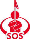 白杖を頭上50センチメートル程度の高さに掲げている人のイラストに「SOS」と書かれている「白杖SOSシグナル」普及啓発シンボルマーク