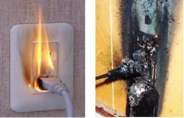 左：コンセントに差し込んだ電源プラグから発火している写真、右：発火した後に消火し焦げた電源プラグ付近のトラッキング現象の火災の写真