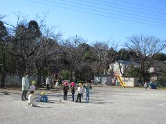 保育所の4歳児クラスの友達と園庭で遊んでいる幼稚園の年少組