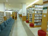 本棚の横に読書する赤い半円の椅子と青いソファーが設置された谷津図書館一般書コーナーの写真