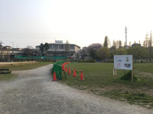 右側の芝生の外側に、緑色の柵の囲いを設置した写真