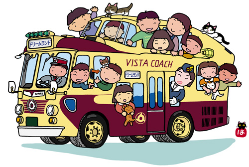 バスに乗っている子供達と猫のイラスト