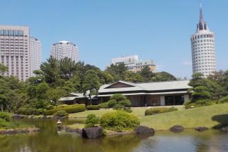 周囲に高層ビルが建ち並ぶ池泉回遊式の日本庭園の見浜園の写真(県立海浜幕張公園のサイトへリンク)