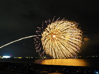 東京湾に向かって放たれた金色の花火が海面に写っている写真