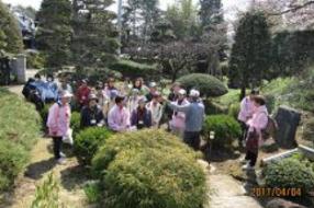 綺麗に植えられた木の間を歩いていくピンク色の服を着た方々と、その後ろをついていく参加者の写真