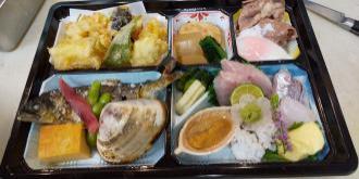 弁当容器に焼き魚や天ぷら、お刺身などが盛りつけられたお弁当の写真