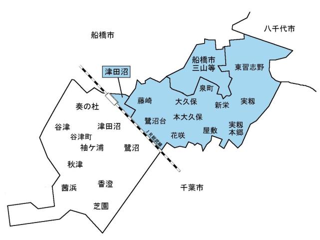 市営水道の供給区域を青色で示した地図