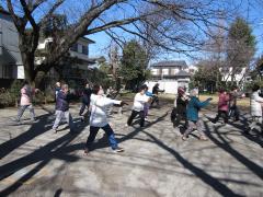 桜の木の下で二十四式太極拳を舞っている参加者の写真