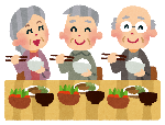 食事をしている3人の高齢者のイラスト