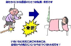 「寝たきりになる原因のひとつは転倒・骨折です いきいきと元気に過ごすためには、日頃からの転びにくいからだづくりが大切です！」の文字と、おばあさんが躓いて足を骨折しベッドで寝ているイラスト