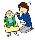 お母さんがスプーンで離乳食をあげようと口元に運んでいるが、口をつむんで食べようとしない赤ちゃんのイラスト（乳児期 こんなこと、あるある！！（離乳食を食べてくれない）ページへのリンク）