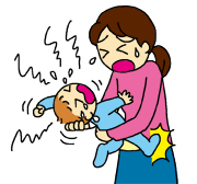 お母さんに抱っこされて暴れながら泣き叫ぶ子供のイラスト