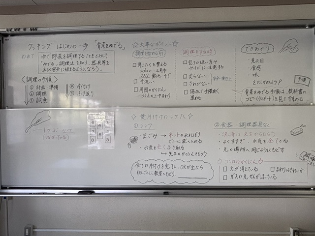 調理実習の流れを書いたホワイトボード