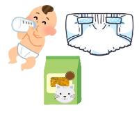 横になりミルクを飲んでいるおむつ姿の赤ちゃん、おむつ、ペット用フードのイラスト