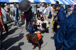 隊員と救助犬が座り、その周りに参加者が集まってきている写真