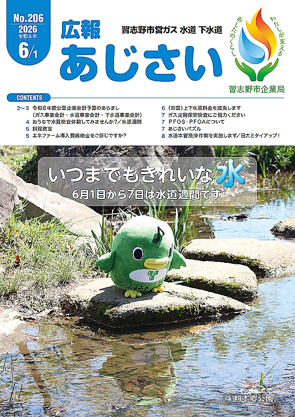 広報あじさい206号表紙。いつまでもきれいな水。6月1日から7日は水道週間です。ナラシドのぬいぐるみが河原の石の上から川の水を覗き込んでいる写真。実籾本郷公園