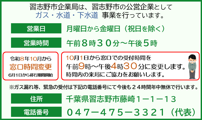 習志野市企業局は、習志野市の公営企業としてガス・水道・下水道事業を行っています。営業日：月曜日から金曜日(祝日除く)、営業時間午前8時30分から午後5時、令和8年10月から窓口時間変更。6月1日から移行期間開始。10月1日から窓口での受付時間を午前9時～午後4時30分に変更します。時間内の来局にご協力をお願いします。お辞儀する作業服の男性のイラスト。※ガス漏れ等、緊急の受付は下記の電話番号にて今後も24時間年中無休で行います。住所：千葉県習志野市藤崎1-1-13、電話番号：047-475-3321(代表)