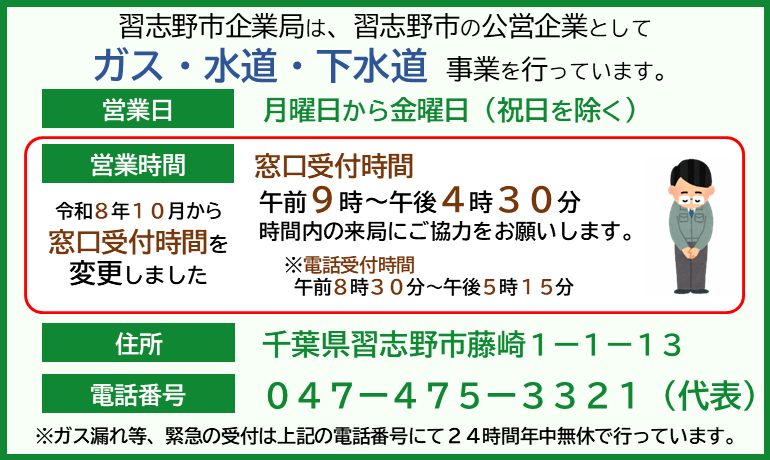 習志野市企業局は、習志野市の公営企業としてガス・水道・下水道事業を行っています。営業日：月曜日から金曜日(祝日除く)、令和8年10月1日から窓口受付時間を変更しました。 営業時間： 窓口受付時間 午前9時から午後4時30分。時間内の来局にご協力をお願いします。お辞儀する作業服の男性のイラスト。※電話受付時間 午前8時30分から午後5時15分  住所：千葉県習志野市藤崎1-1-13、電話番号：047-475-3321(代表) ※ガス漏れ等、緊急の受付は上記の電話番号にて今後も24時間年中無休で行います。