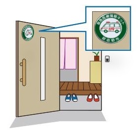 玄関ドアの内側付近に救急医療情報キットのステッカーを貼っているイラスト