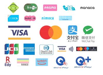 「VISA、mastercard、ALIPAY、WeChatPay、JCB、AMERICAN EXPRESS、Diners Club INTERNATIONAL、DISCOVER、Union Pay、R Edynanaco、WAON、QuICPay、QuICPay＋、Kitaca、Suica、PASMO、TOICA、manaca、ICOCA、SUGOCA、nimoca、はやかけん」の支払いに使用できるクレジット電子マネーのアイコン一覧