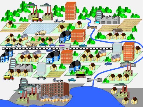 住宅、ビル、工場が混在し、道路も狭く生活しづらい町を表したイラスト