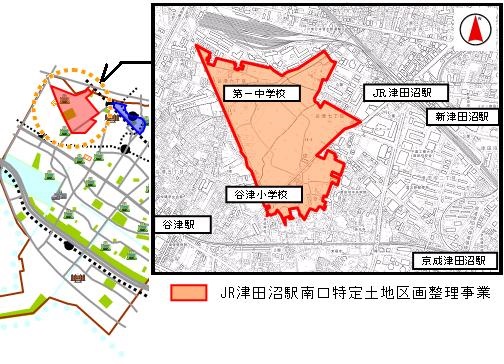 組合施工で行われた津田沼駅南口特定土地区画整理事業の位置図