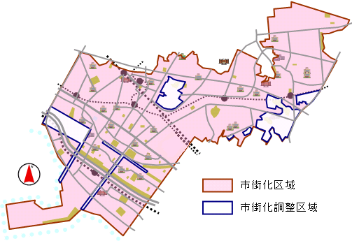 ピンク色に塗られた市街化区域内の所々に色がついていない市街化調整区域がある習志野市の地図