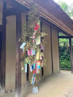 大戸口の右側に短冊や折り紙で飾られた七夕飾りの写真