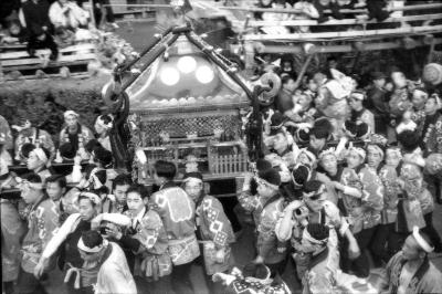 法被を着た多くの男性が菊田神社の神輿を担いでいる白黒写真