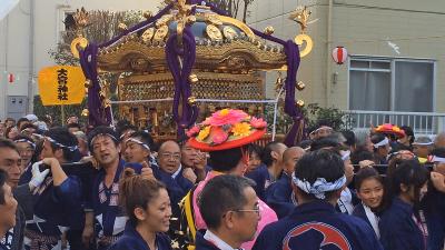 頭に花笠をつけた人や、紺色の法被を着た多くの人々が神輿を担いで二宮神社に向かっている様子の写真