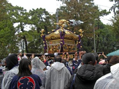 大宮大原神社で神輿を担いでいる様子を後ろから写した写真